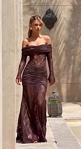 Abito lungo drappeggiato inserto pizzo