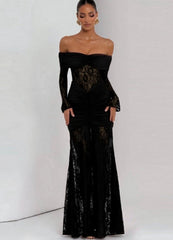 Abito lungo drappeggiato inserto pizzo