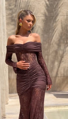 Abito lungo drappeggiato inserto pizzo