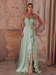 Abito elegante da damigella in raso spacco laterale arricciature